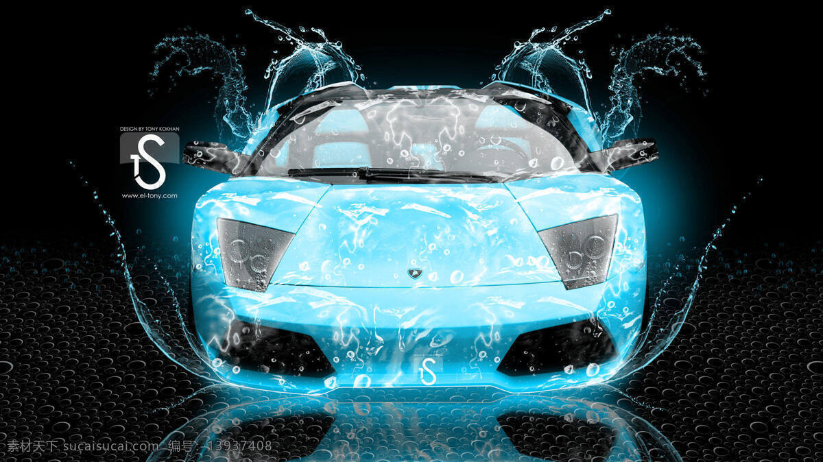 蓝色 水花 光影 跑车 概念 效果 水珠 水 汽车