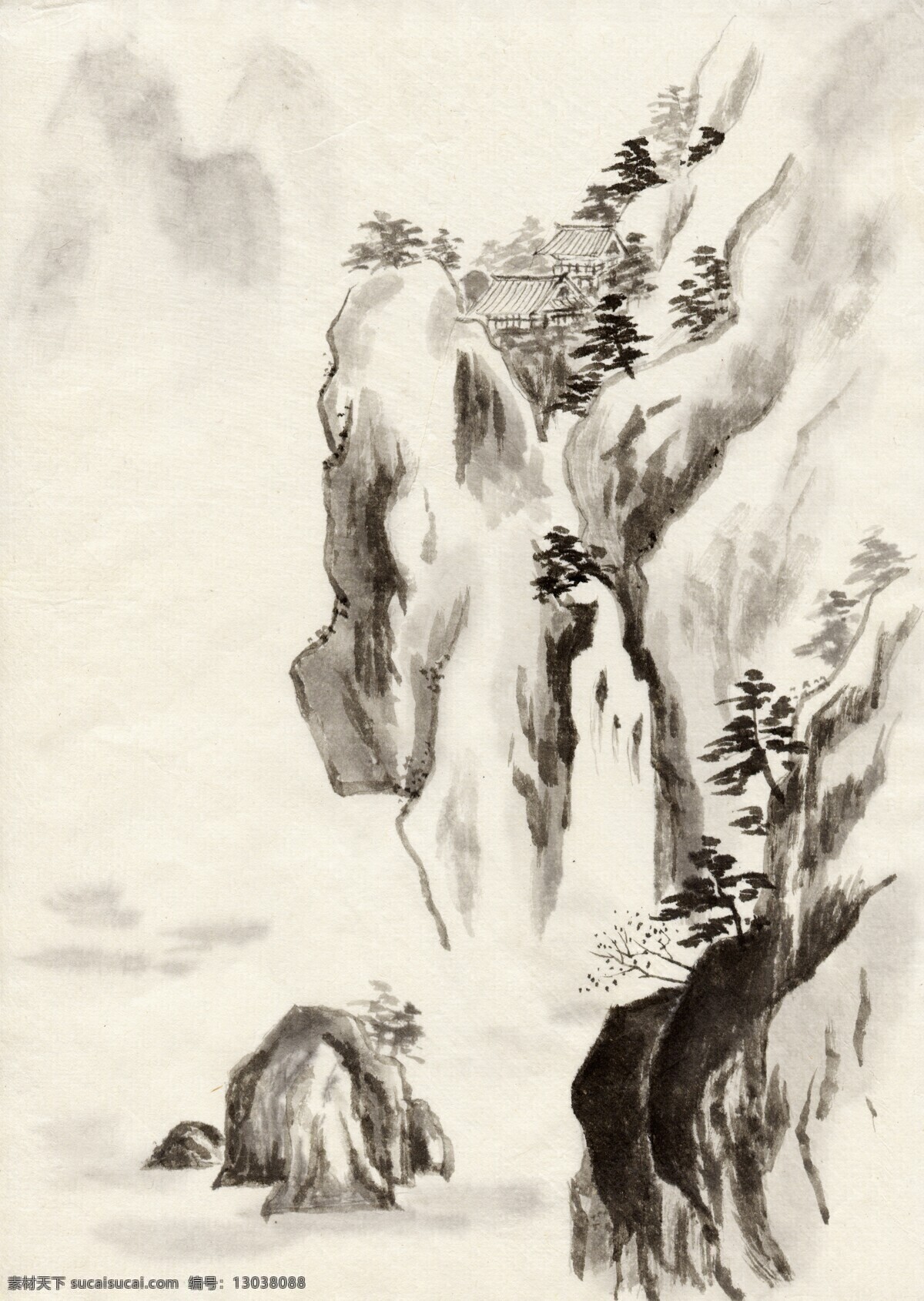 山崖 小树 峭壁 瀑布 石山 房屋 文化艺术 绘画书法 设计图库