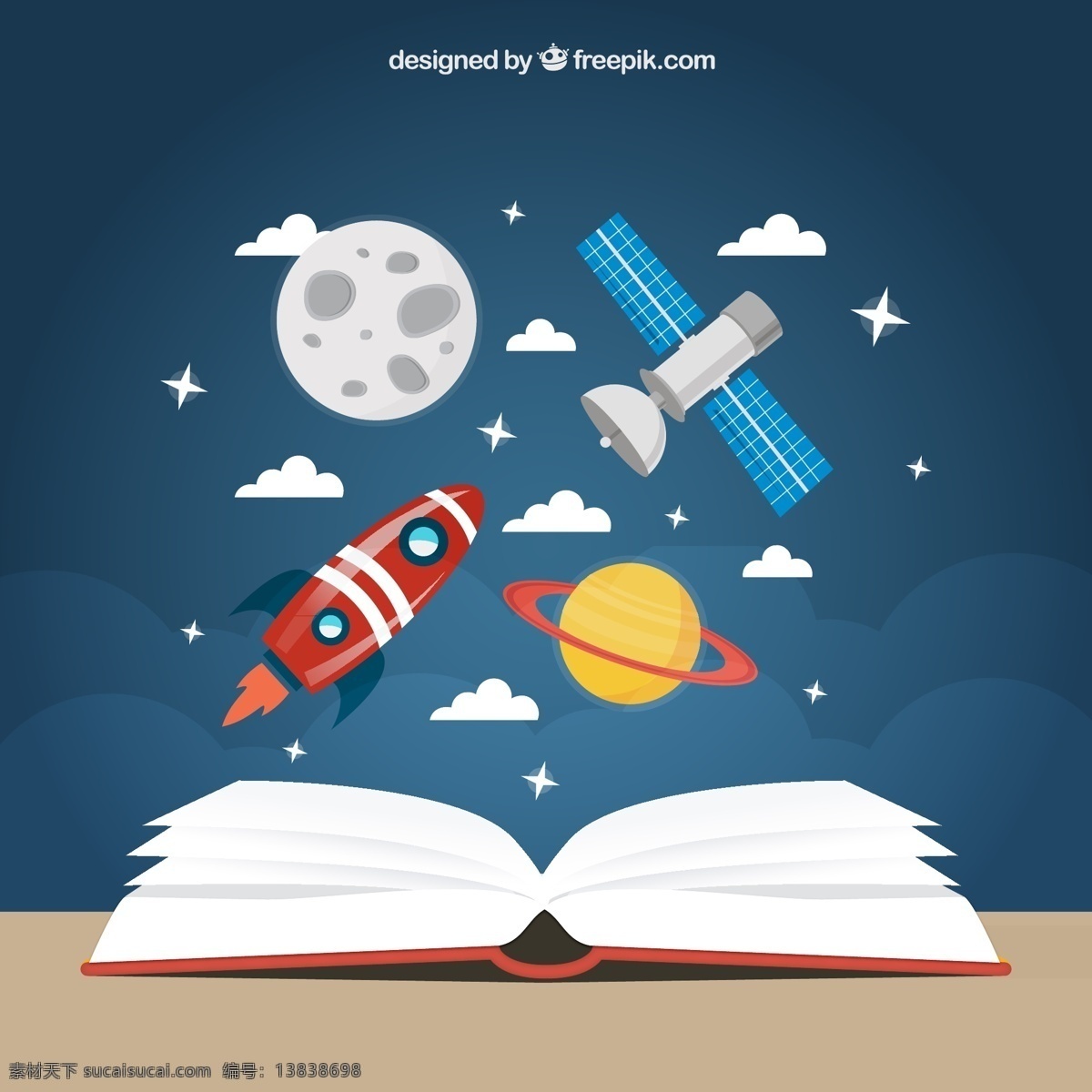 摊开 书本 宇宙 矢量 火箭 月球 卫星 云朵 土星 人造卫星 白云 发射 书籍 星光 星星 卡通 插画 背景 海报 画册 卡通设计 白色
