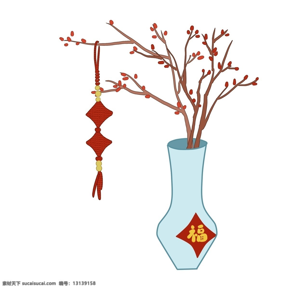 新年 插花 装饰 插画 中国结装饰 新年快乐 花枝 新春 喜庆 浅绿色的花瓶 梅花插花 红色的花苞 新年挂饰插画