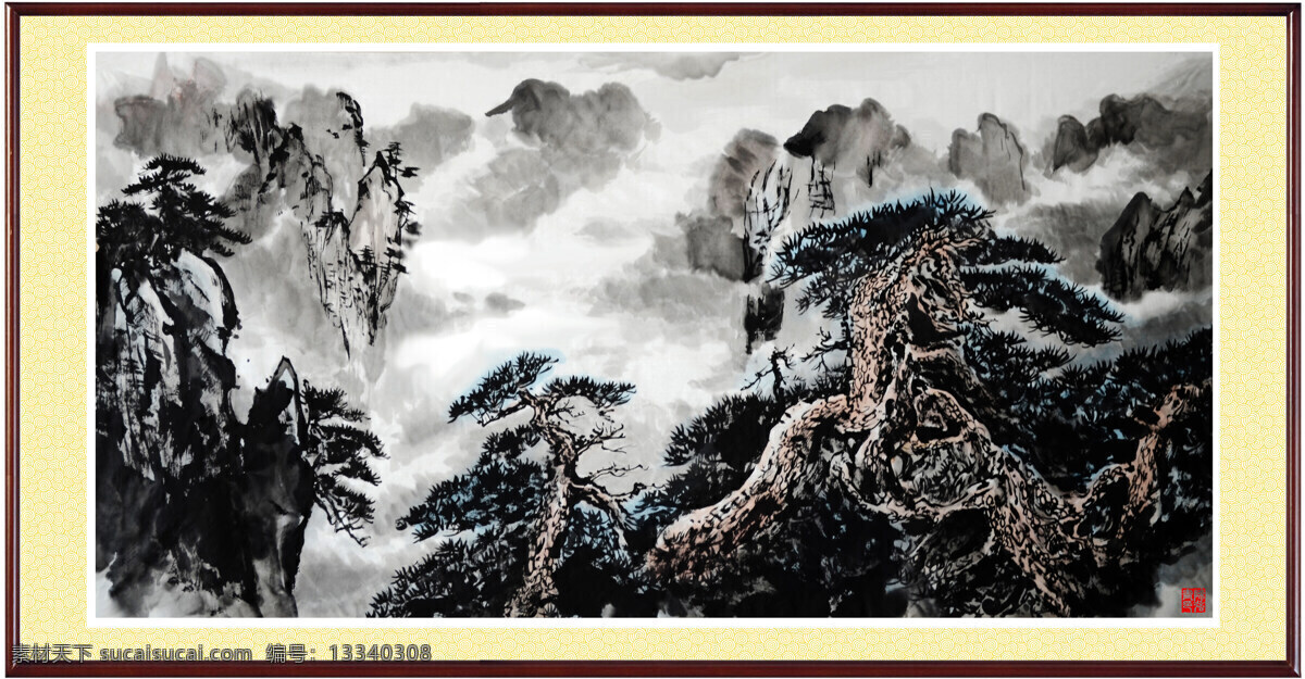 白云 绘画书法 山峰 山石 石头 松树 文化艺术 黄山松 杂树 流云 云海 印章 中国画山水 纸本设色 陈强 国画作品 家居装饰素材 雕刻 图案