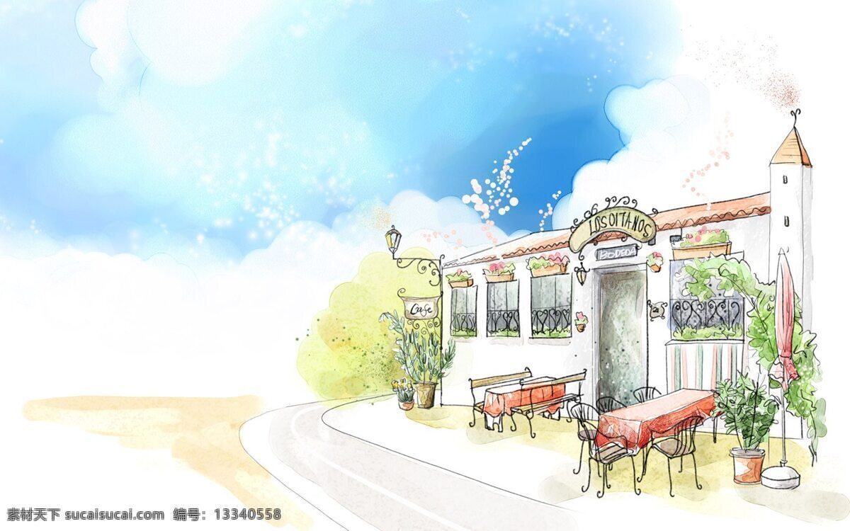 韩风 手绘 水彩 插画 欧式 咖啡厅 coffee 餐厅 餐饮 店铺 欧式咖啡厅 losoitanos 门口街景 露天 插画集