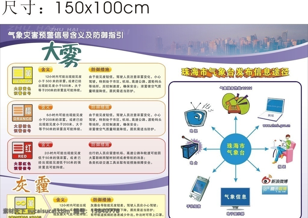气象灾害 预警 展板 信号 含义 气象 灾害 防御 预警信号 绿色 蓝色 紫色 暴雨 台风 寒冷 高温 雷暴 大雾 发布信息途径 灰霾 板报 海报 模板样式 展板模板 矢量