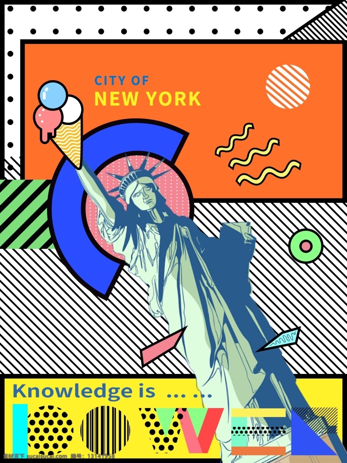 孟菲斯 风格 几何 装饰 美国 纽约 海报 矢量 pds