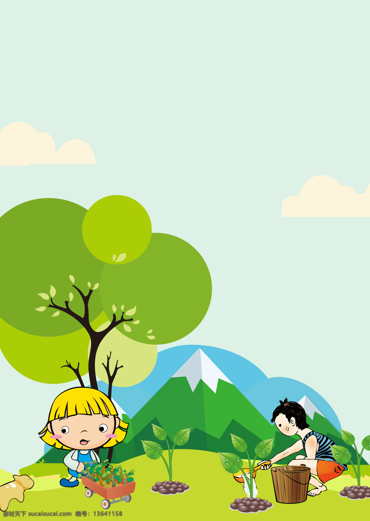 手绘 卡通 绿色 植树节 背景 可爱 环保 云朵 女孩 种树 树苗 小狗 远山