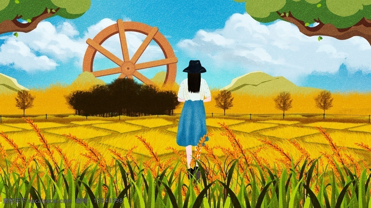 原创 手绘 插画 二十四节气 小满 小草 清新淡雅 清新 麦子 女孩 背影 电商配图 丰收 朋友圈配图
