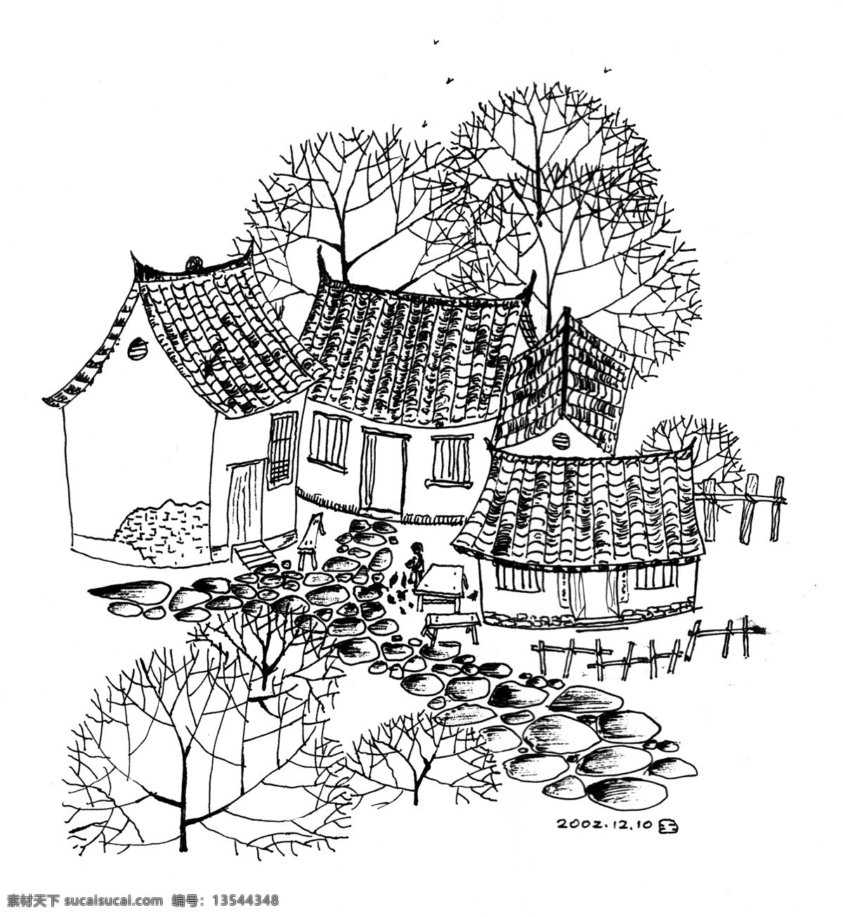 黑白手绘插画 乡村 小树 小屋 手绘 速写 黑白画 写生 绘画 艺术 手稿 插画 插图 绘画书法 文化艺术