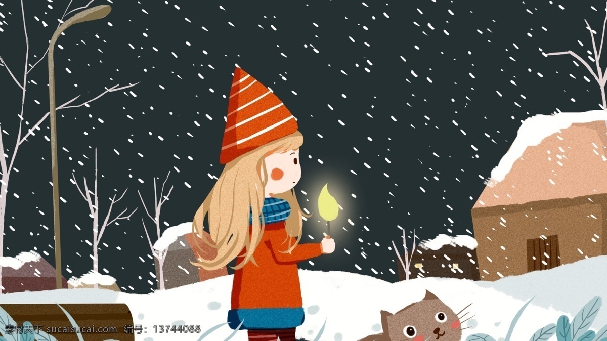 晚安 你好 冬天 夜晚 小女孩 猫 治愈 系 插画 可爱 治愈系 孤独 寂静 扁平风 雪 情感