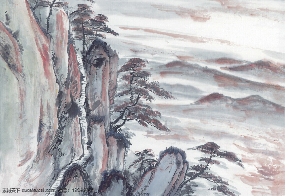 国画山水 霞 染 峻岭 丹青 国画 水墨丹青 水墨 画 水墨山水 笔墨 毛笔画 树木 意境 大 山 云雾 云雾缭绕 怪石 青松 苍松 巨石 悬崖 险峻 山路 石阶 台阶 书画文字 文化艺术