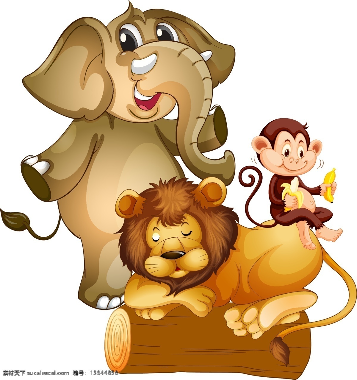 手绘 大象 动物 元素 卡通 木桩 可爱 狮子 猴子 矢量
