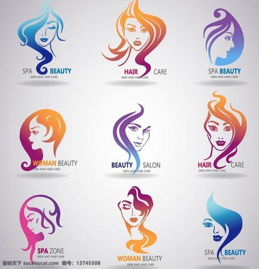 皮肤 头发护理 标志设计 向量 黄色 蓝色 美容美发 女人 矢量元素