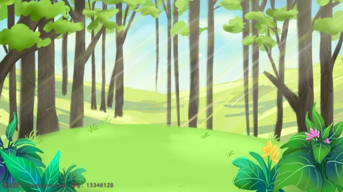 绿色 清新 春季 树林 背景 景色插画背景 手绘背景 森系背景 树林背景 树叶背景 绿色背景