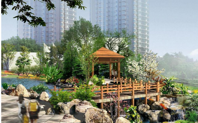 房地产 园林设计 效果图 素材图片 园林 设计图 桥 水岸 小区 高楼 建筑
