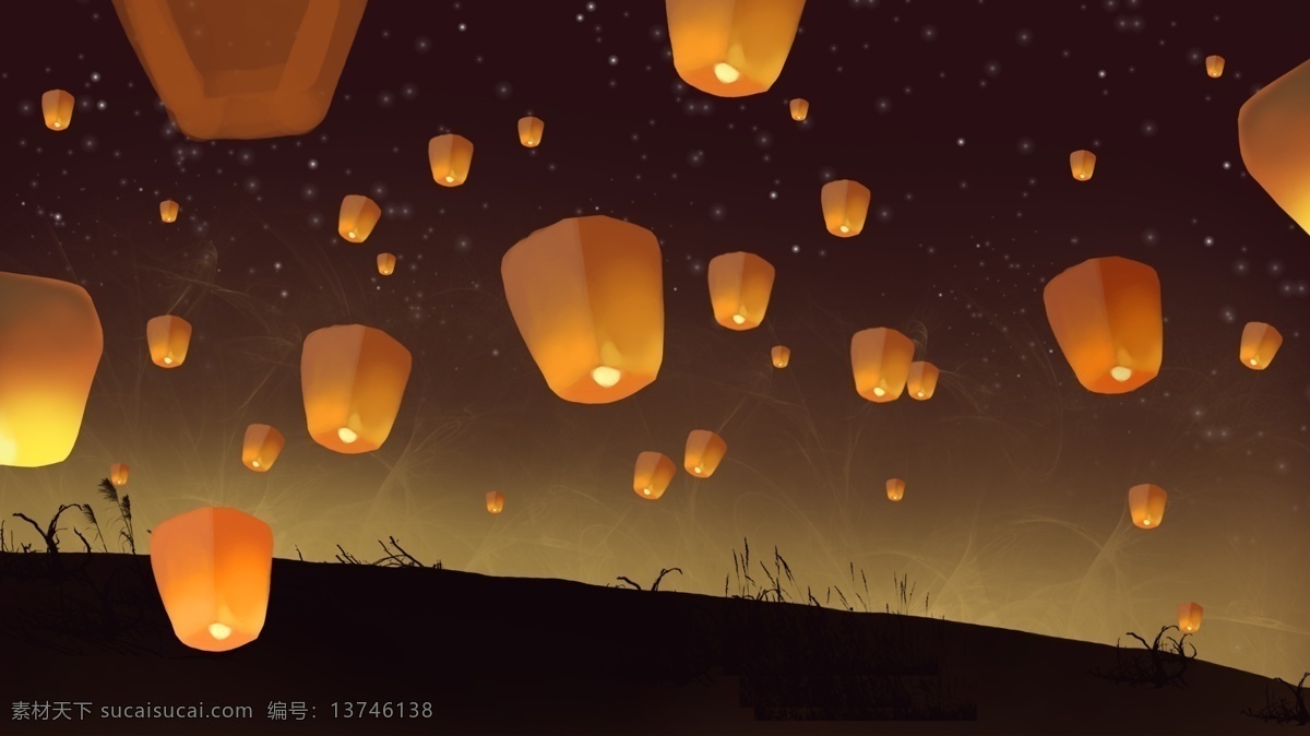 黄色 上升 孔明灯 卡通 背景 夜晚 草地