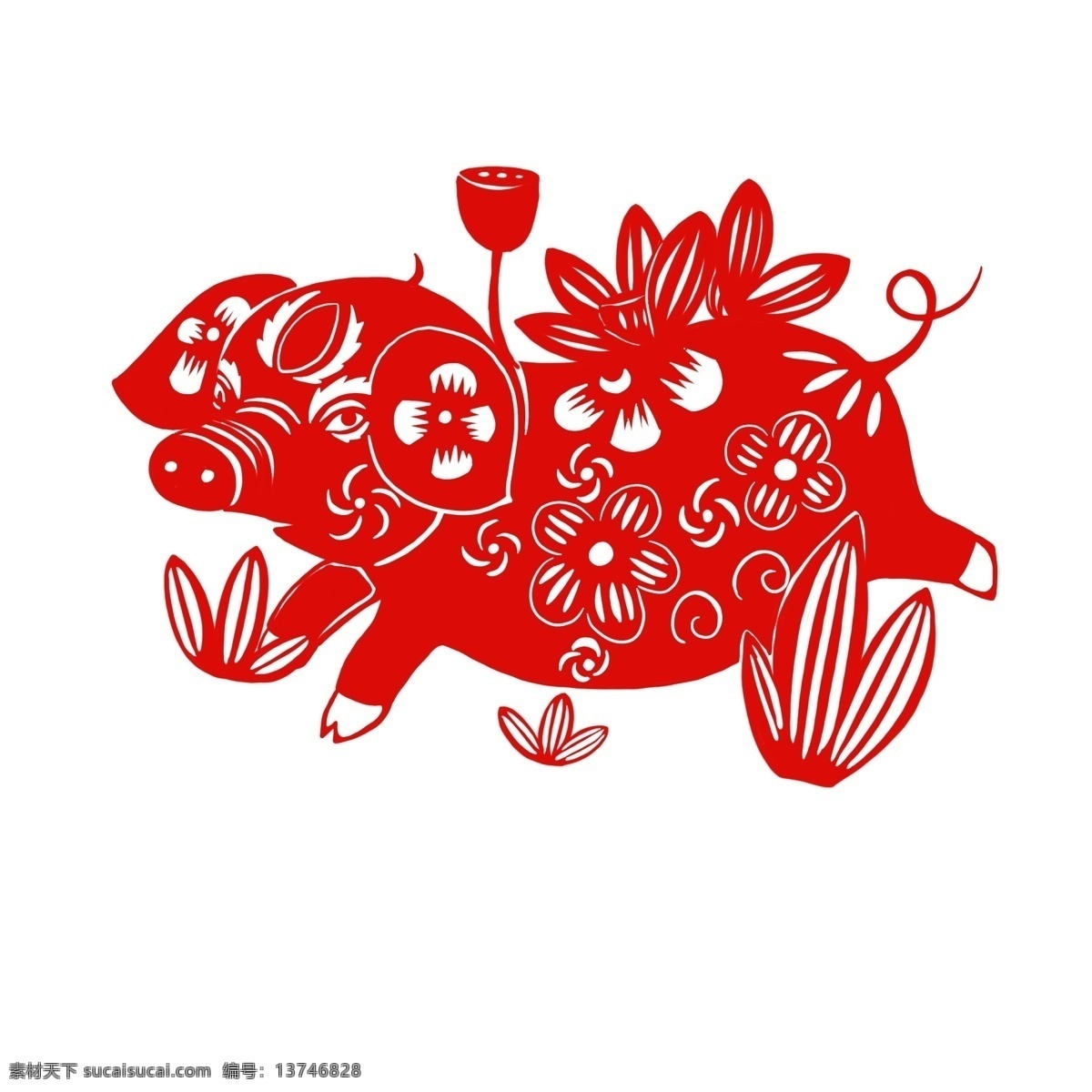 手绘 春节 剪纸 猪 荷花 红色