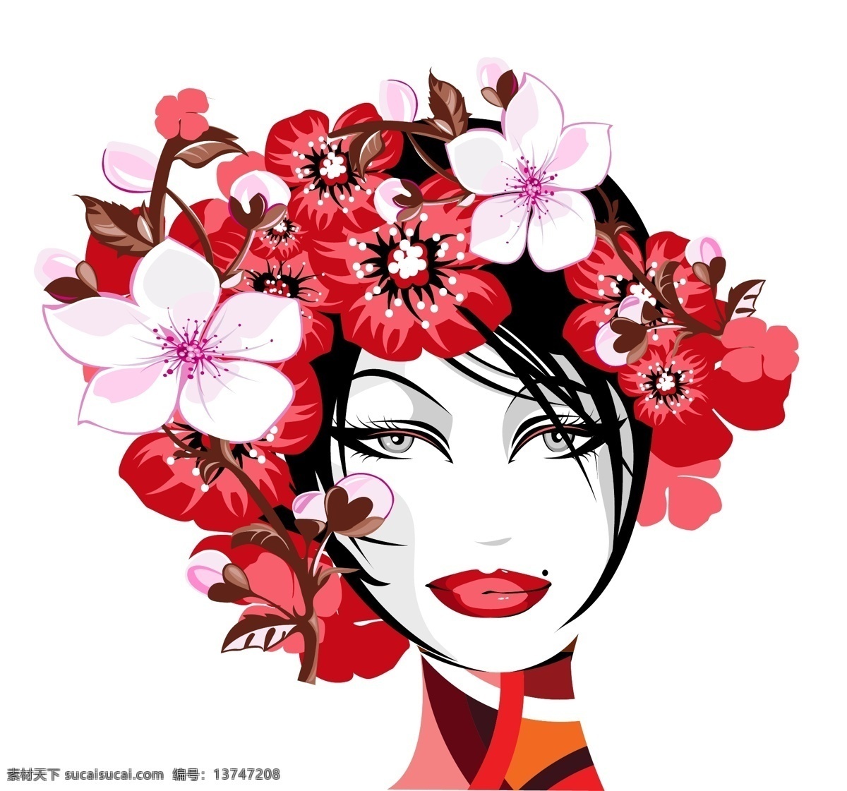 头 戴 鲜花 美女 头戴鲜花美女 桃花 梅花 红花 红花美女 桃花美女 相框 相册 花纹 背景 底纹边框 花边花纹