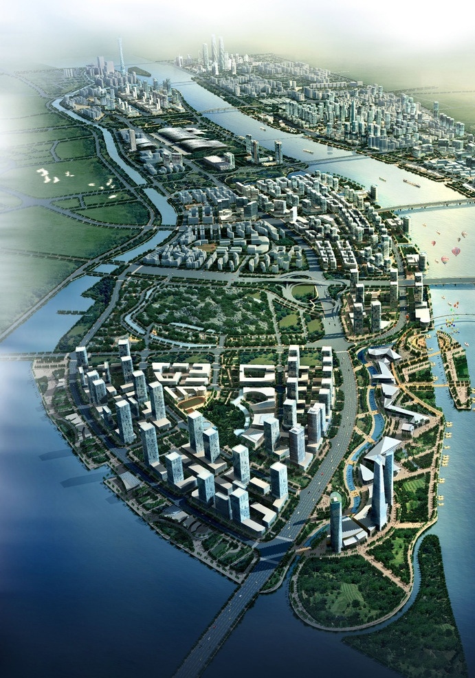 水中洲鸟瞰图 城市 滨水 大鸟瞰 城市景观 江心洲 环境设计 景观设计