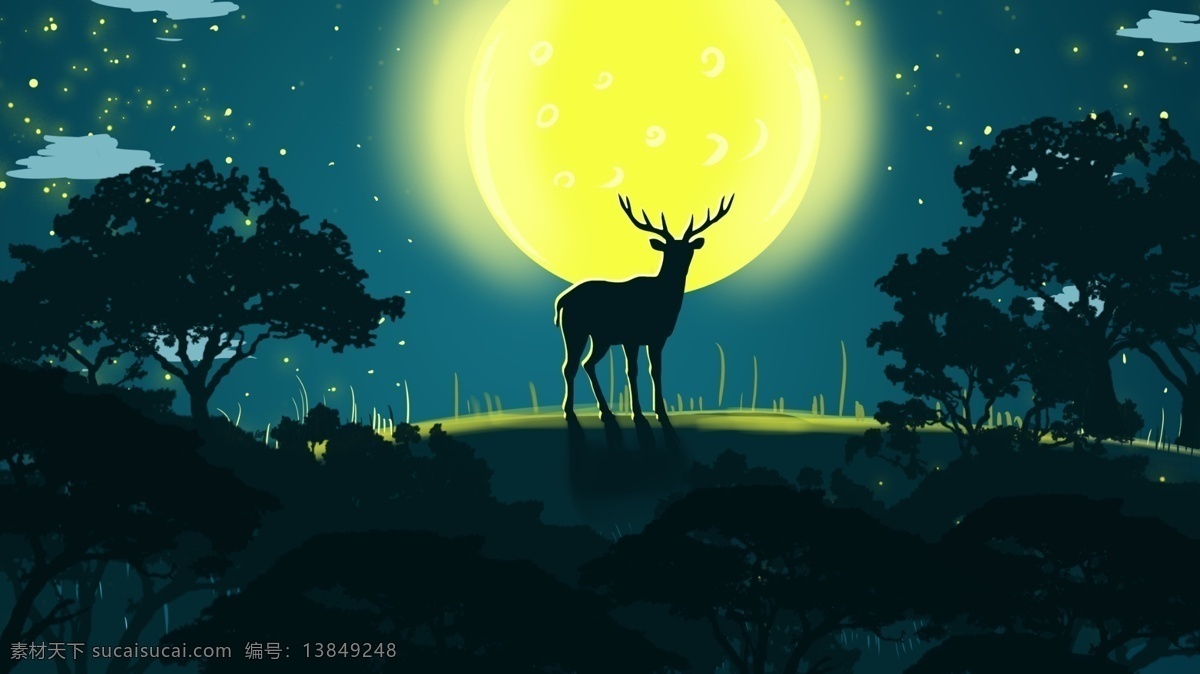 治愈 森林 鹿 夜晚 月光 下 插画 海报 配 图 星空 动物 自然 壁纸 森林与鹿 蓝色调 配图 背景