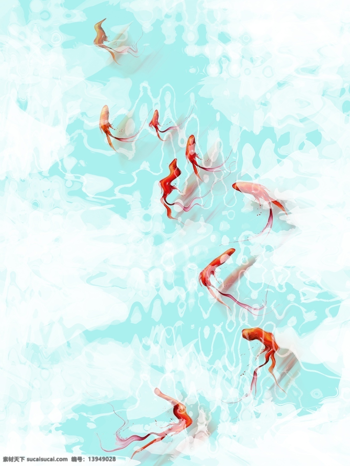 淡雅 九 鱼 图 客厅 装饰画 水蓝背景 白色淡彩 简约淡雅 金鱼 抽象鱼 一联画