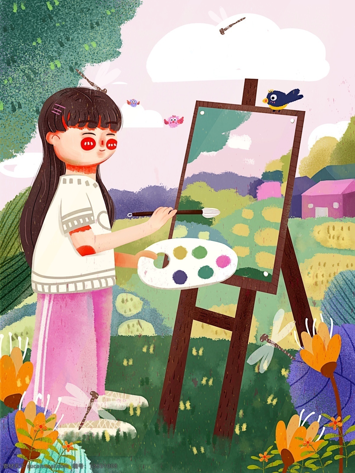 小 清新 插画 野外 写生 女生 青年节 小清新 野外写生 青年节快乐 田野 画画 自然 环境 肌理 噪点