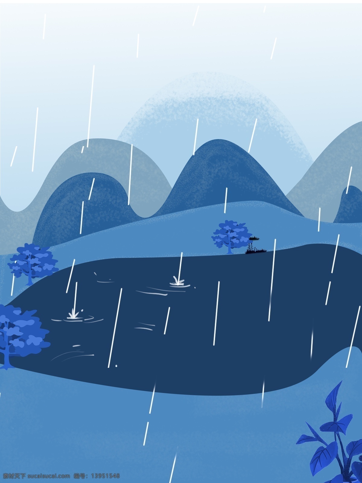 手绘 雨水 蓝色 背景 蓝色背景 山峰 色彩 背景素材 广告背景 彩色背景