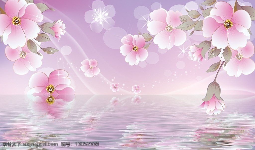 水中 花卉 花朵 倒影 温馨 浪漫 简约 玫瑰 兰花 花枝 电视背景墙 分层