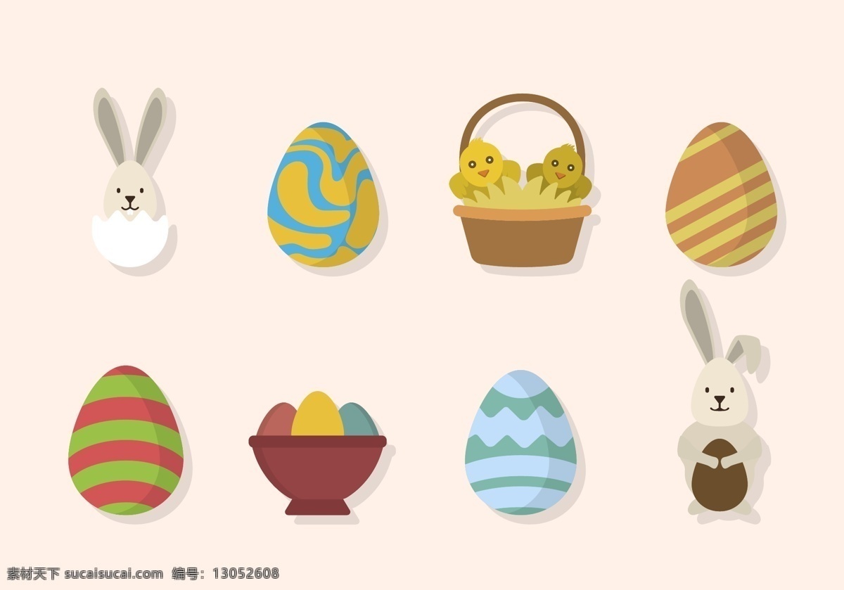 复活节 图标 集合 巧克力蛋 巧克力 复活蛋 鸡蛋 蝴蝶结 矢量素材 彩蛋 花纹设计 兔子 手绘兔子 小鸡