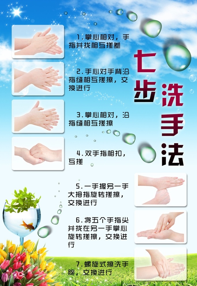 七步洗手法 蓝天 白云 草地 郁金香 水珠 洗手 展板 模板 医院 绿色 蓝色 展板模板 广告设计模板 源文件