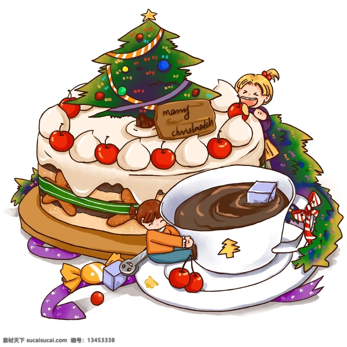 圣诞节 美食 蛋糕 咖啡 人物 免 抠 甜点 糖果 圣诞树 奶油蛋糕 方糖 小女孩 咖啡杯 樱桃蛋糕 松枝 彩带