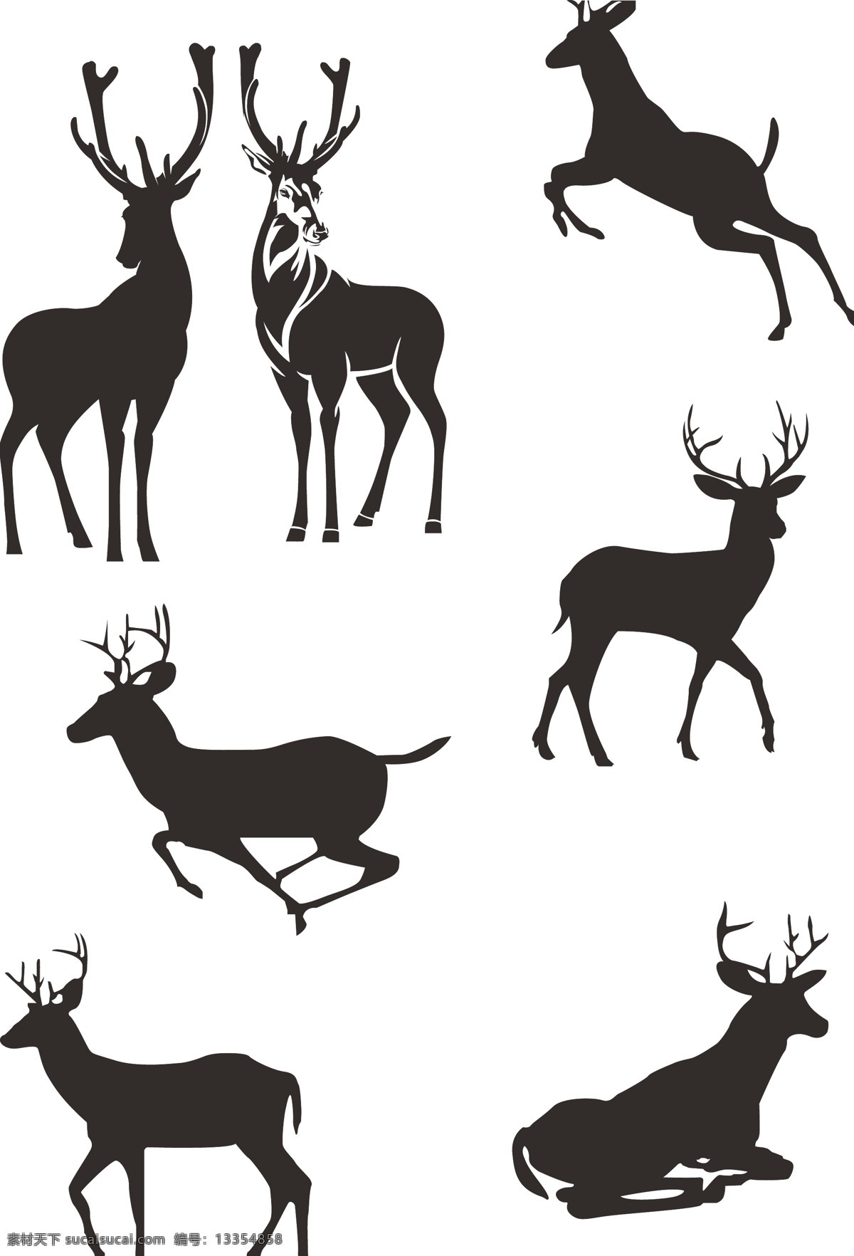 矢量图 矢量麋鹿 剪影 矢量剪影 麋鹿剪影 小鹿 飞奔的麋鹿 睡着的麋鹿 形态各异麋鹿