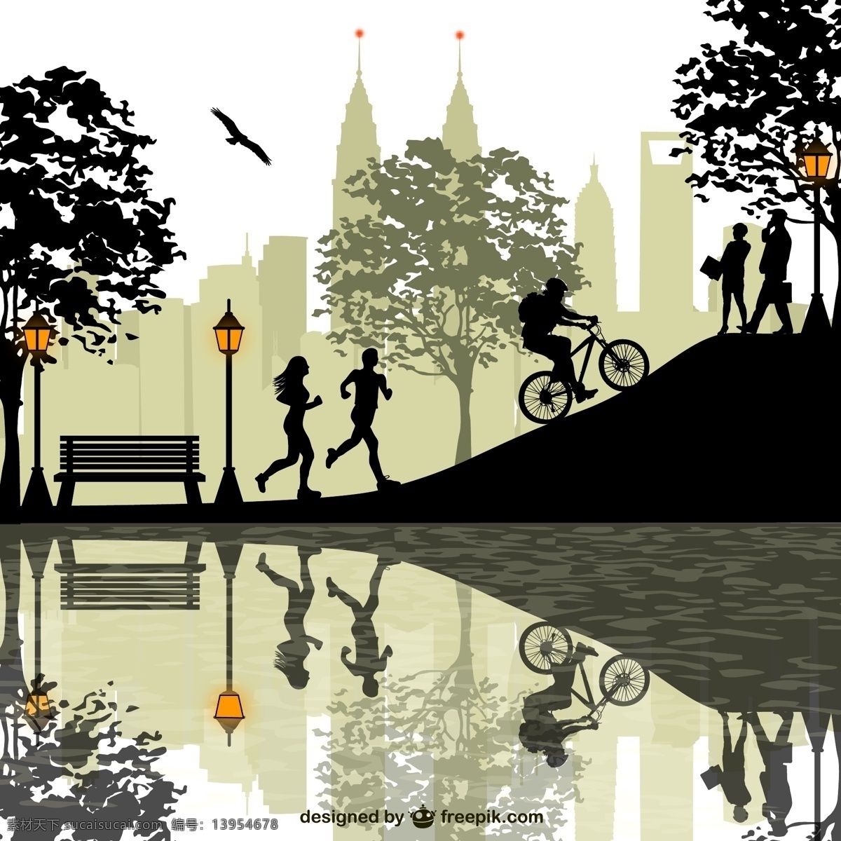 公园 人物 活动剪影 城市公园 建筑 长椅 路灯物 矢量 高清图片