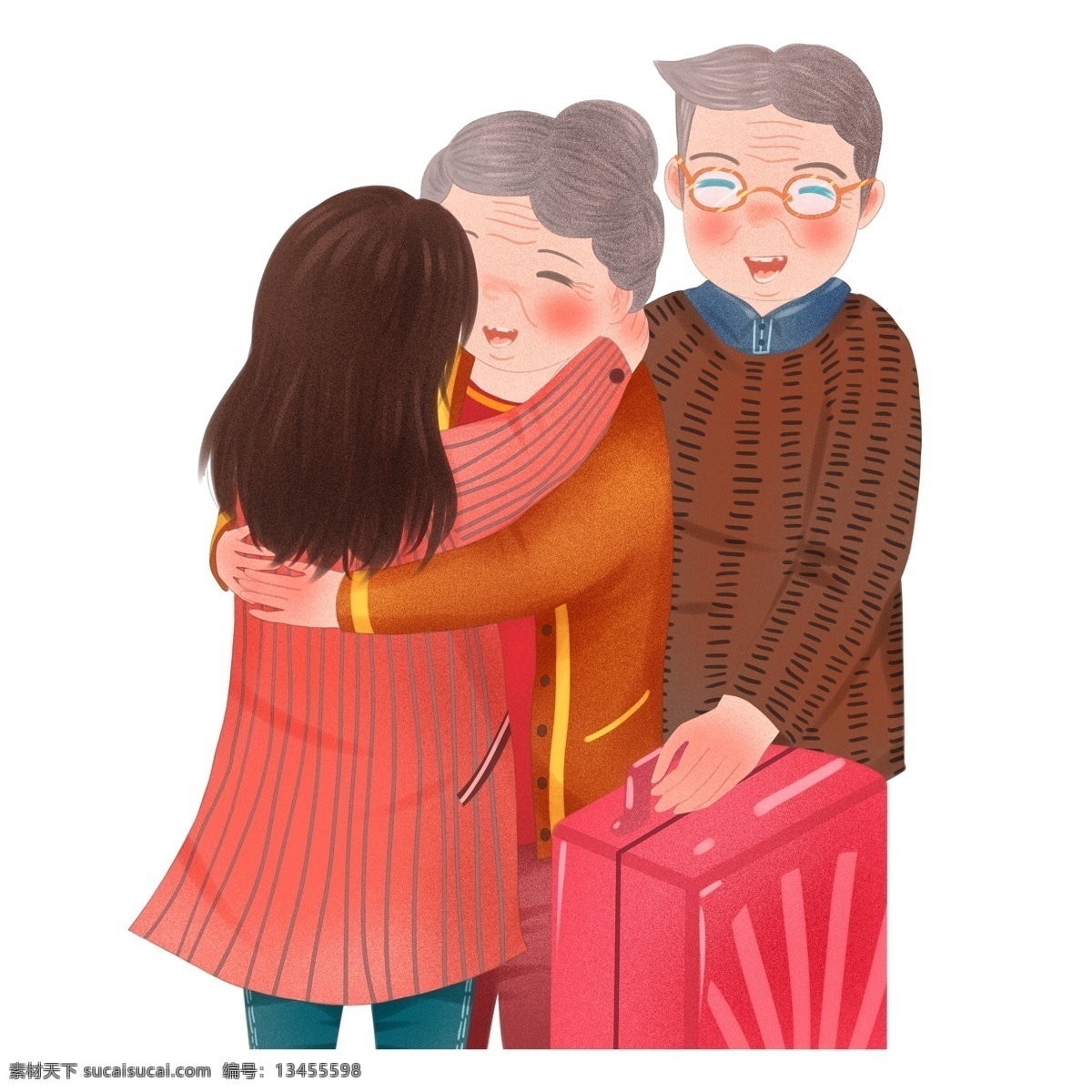 新年 爷爷 奶奶 人物 插画 喜庆 透明元素 手绘元素
