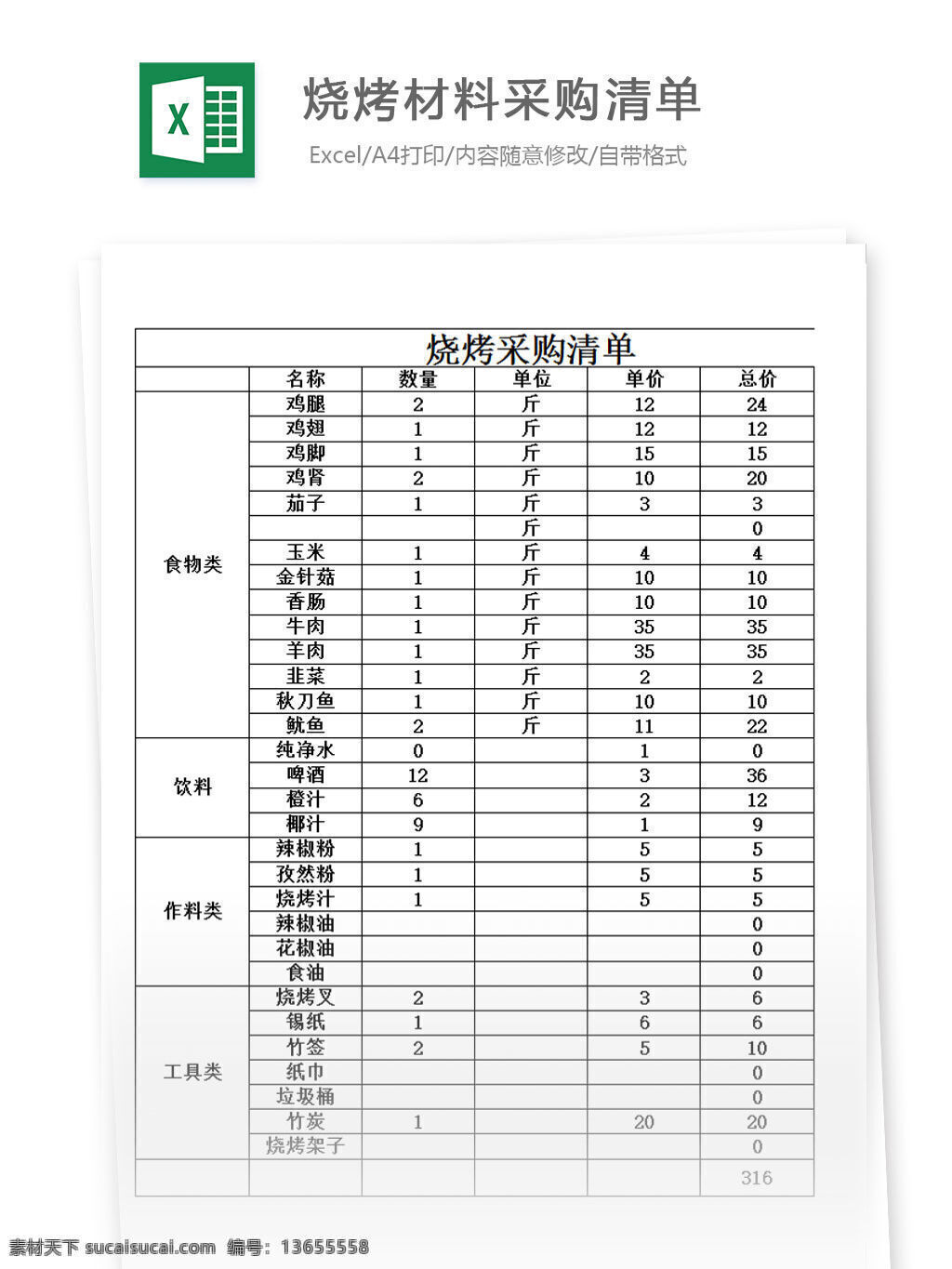 烧烤 材料采购 清单 excel 表格 表格模板 表格设计 图表 采购 材料