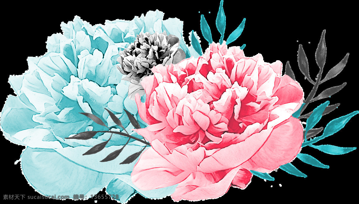 手绘 花卉 透明 png素材 逼真 创意 花朵 绿叶 免扣素材