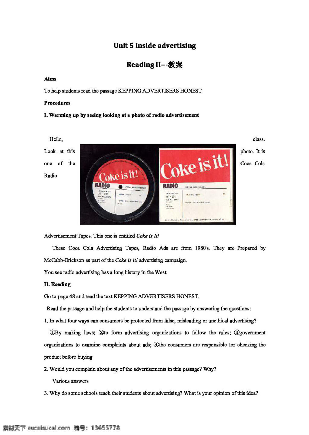 英语 人教 版 unit inside advertising 教案 reading ii 人教版