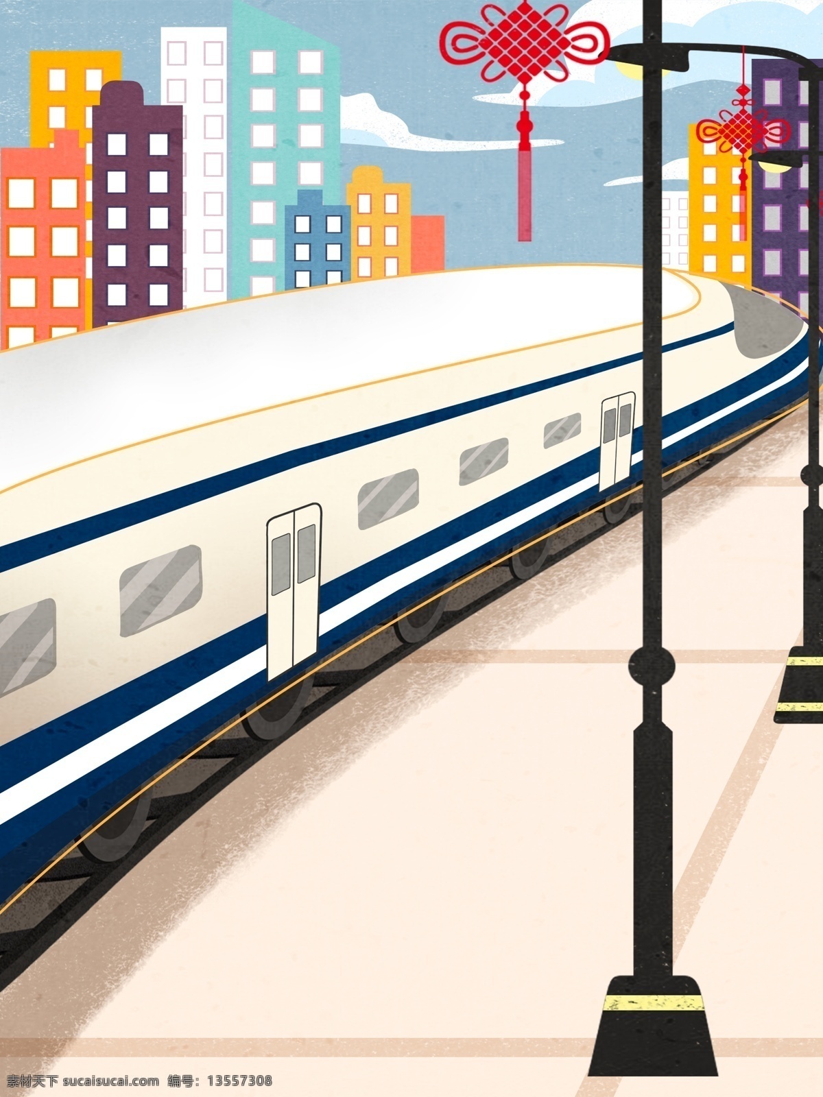 简约 手绘 火车站 风景 插画 背景 火车站风景 路灯 卡通背景 插画背景 通用背景 建筑
