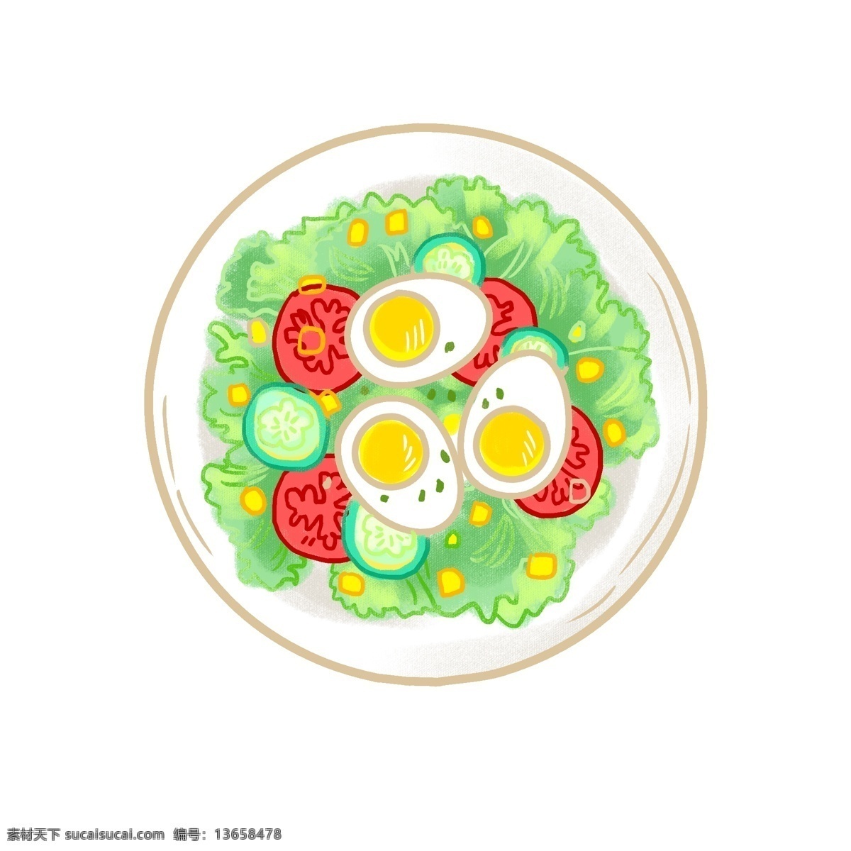 手绘 蔬菜 沙拉 矢量 免 抠 图 卡通的 手绘的 生菜 食物 好吃的 煎蛋 蔬菜沙拉 番茄