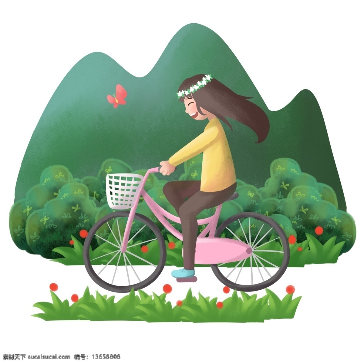 骑 自行车 春游 踏青 漂亮的女孩 卡通插画 春游插画 踏青插画 郊游 户外游玩 旅游 骑自行车女孩