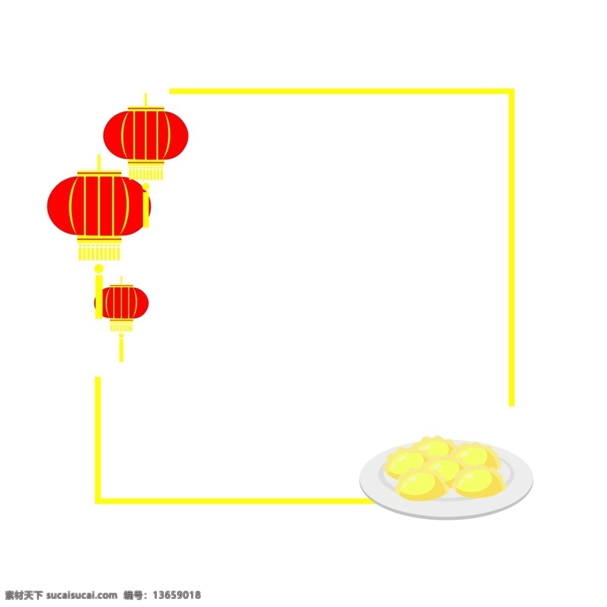 新年 手绘 灯笼 边框 糕点 春节 喜庆 红色 黄色