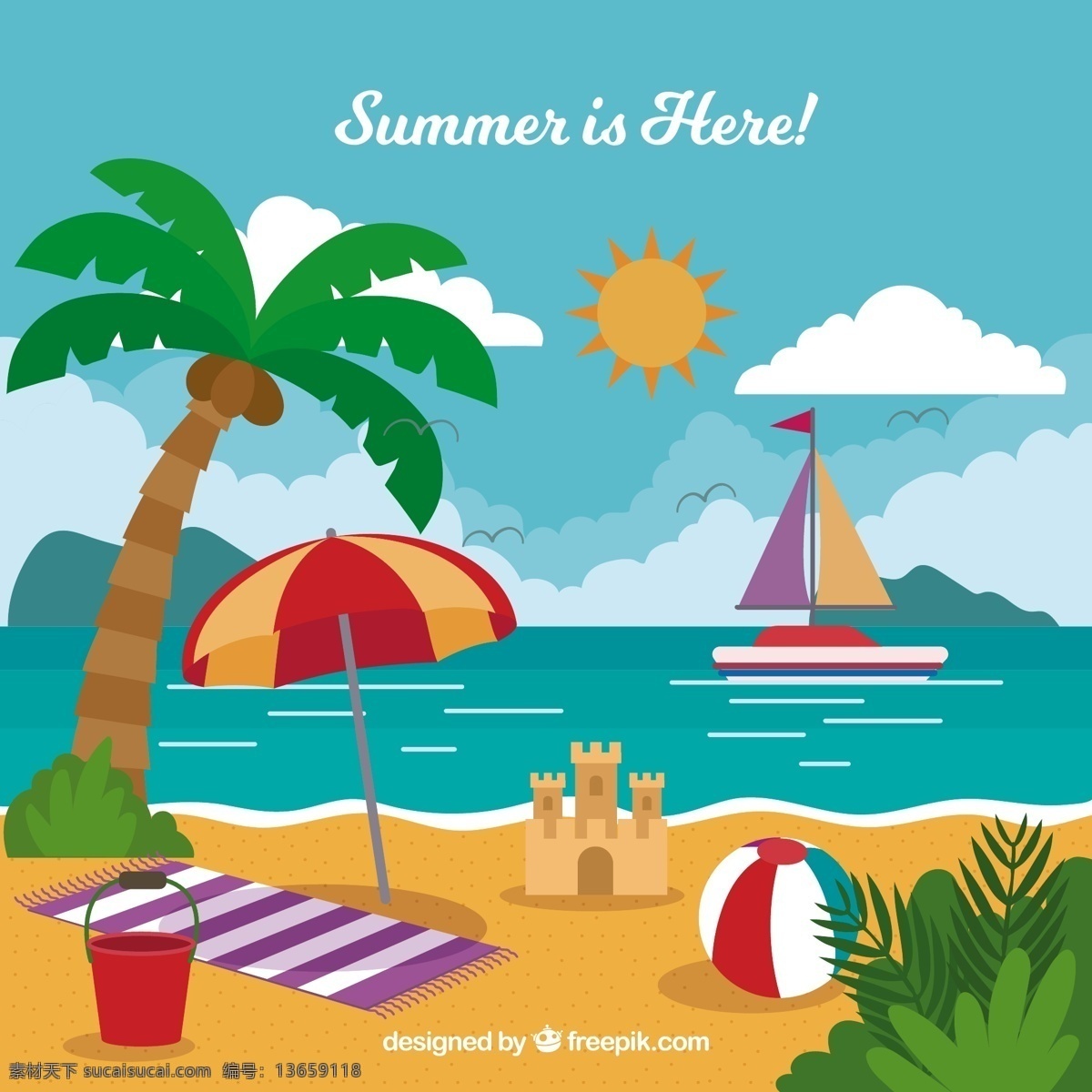 创意 夏季 度假 沙滩 风景 椰子树 太阳 帆船 云朵 城堡 背景边框 动漫动画 风景漫画