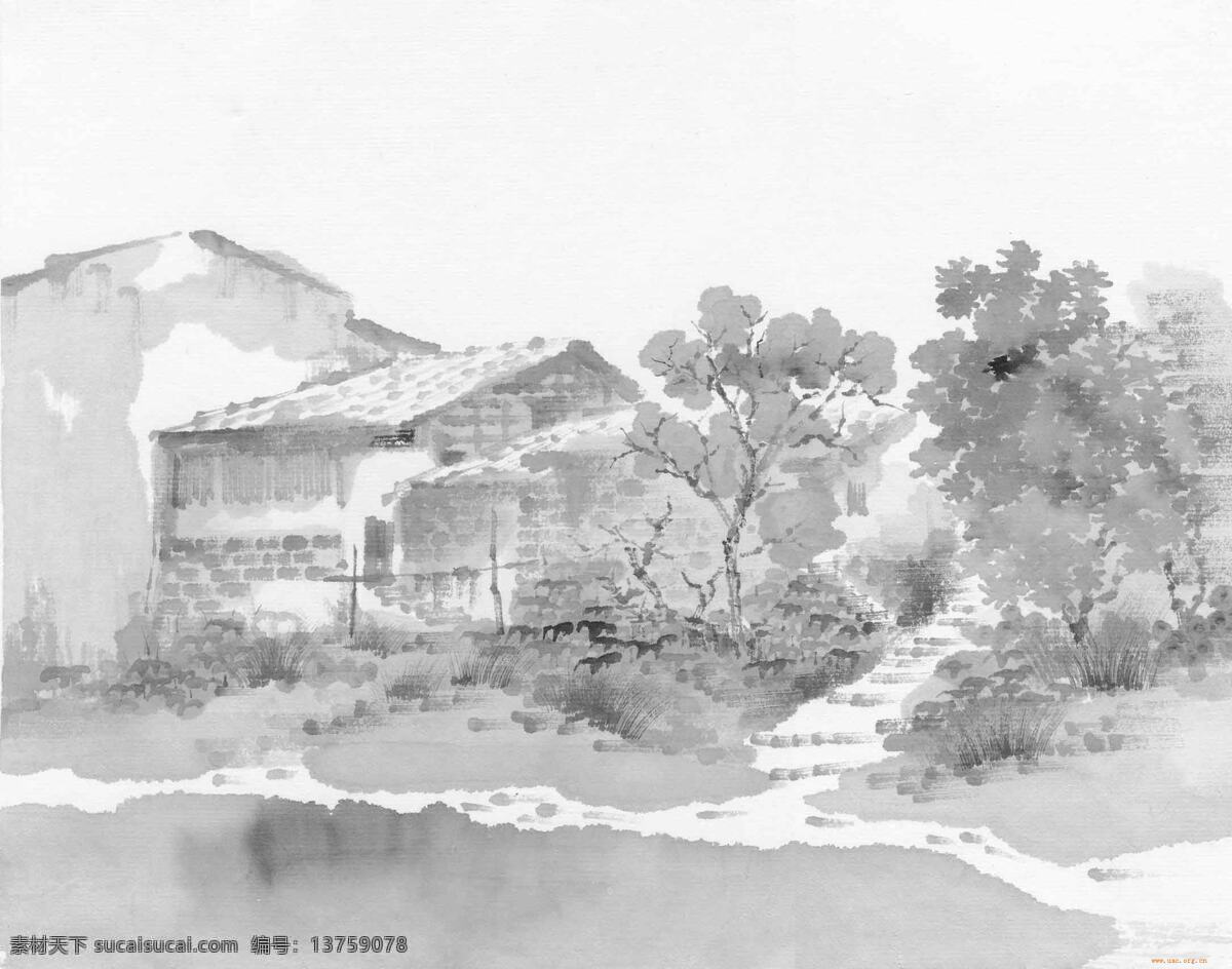 乡间 小路 背景 传统文化 房子 画 路径 水墨 背景图片