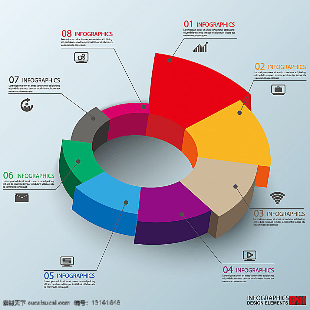 彩色 立体 扇形 图表 图表设计 立体图表 3d图表 办公学习 生活百科 矢量素材 红色