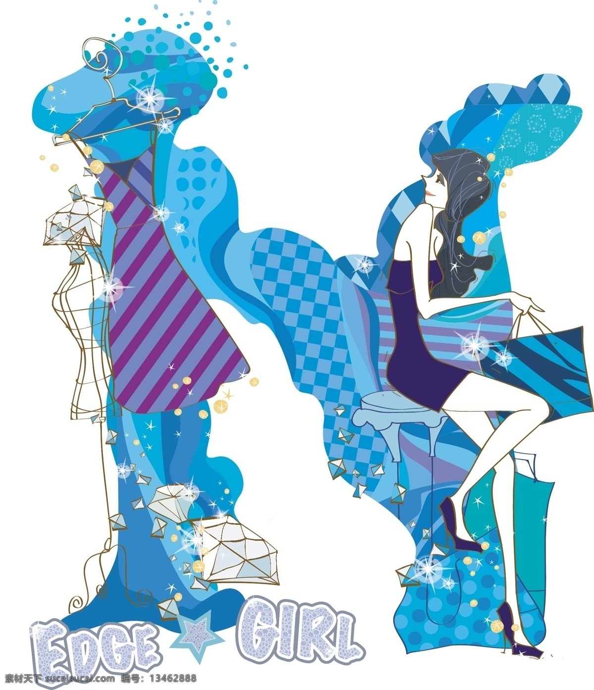 时尚 女孩 卡通 插画 矢量 蓝色 绿色 星星 矢量图 其他矢量图