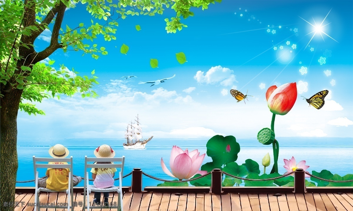看海免费下载 大海 儿童 荷花 蓝天 树木 psd源文件