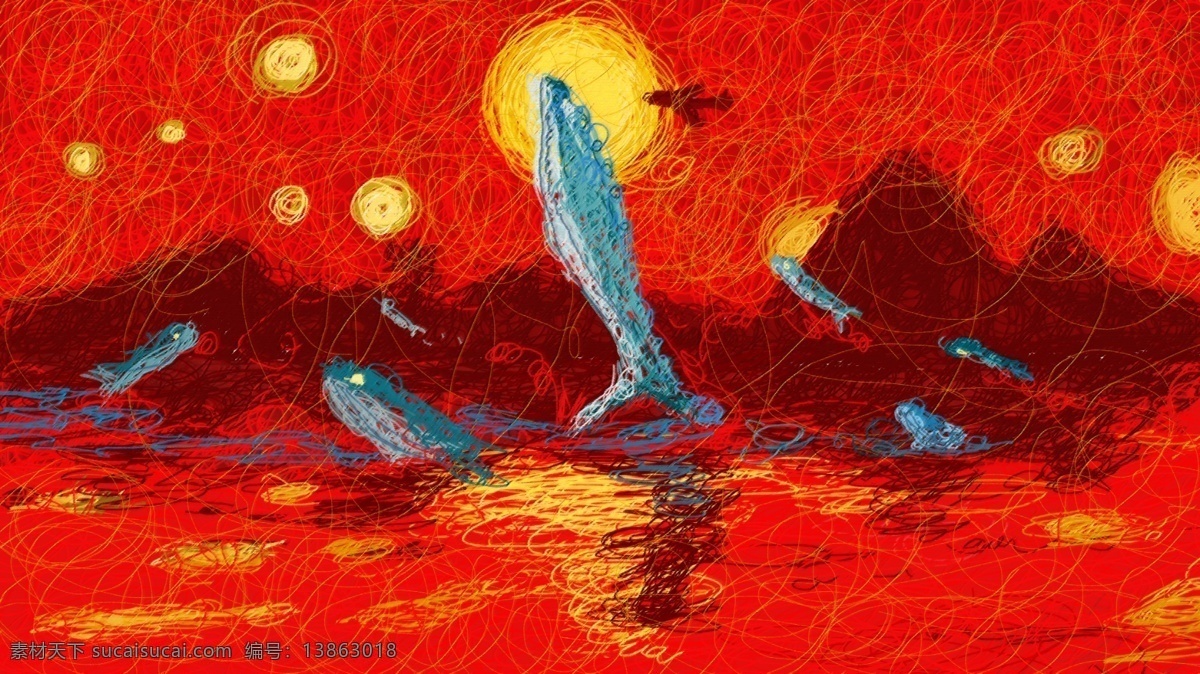 鲸鱼 遮 九日 线圈 原创 插画 太阳 红色 海洋 壁纸 炎热 火红 山 遮阳 倒影 配图 执着