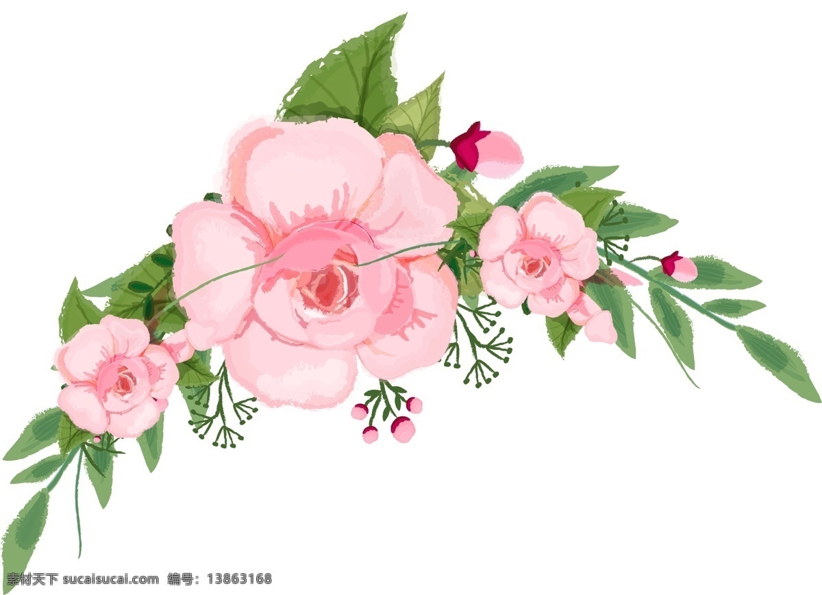 手绘 花朵 装饰 元素 粉色 绿色 植物