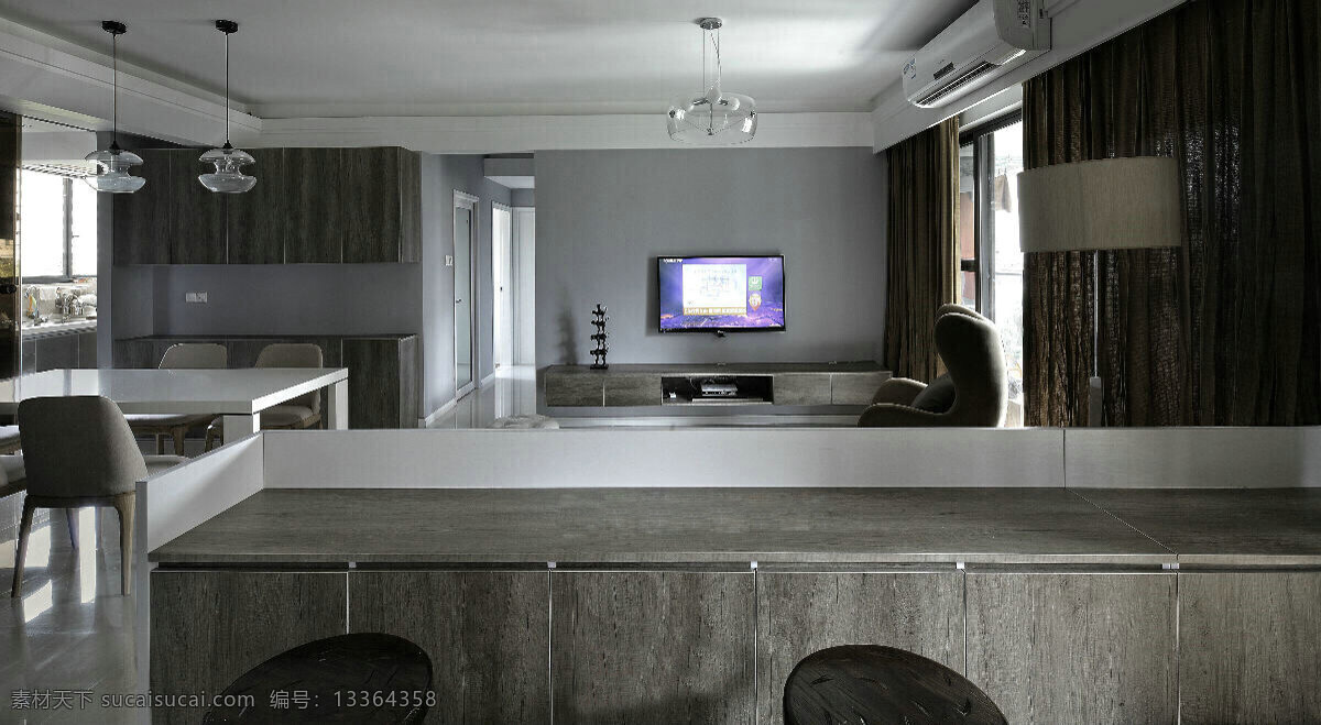 简约 客厅 开放式 厨房 装修 效果图 开放式厨房 吊顶 射灯 电视柜