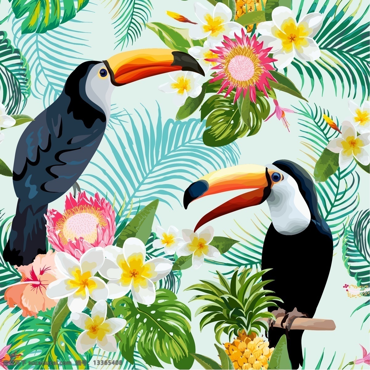 啄木鸟与花卉 花纹花卉 手绘花卉 彩色 植物 印花 数码印刷 底纹边框 花边花纹
