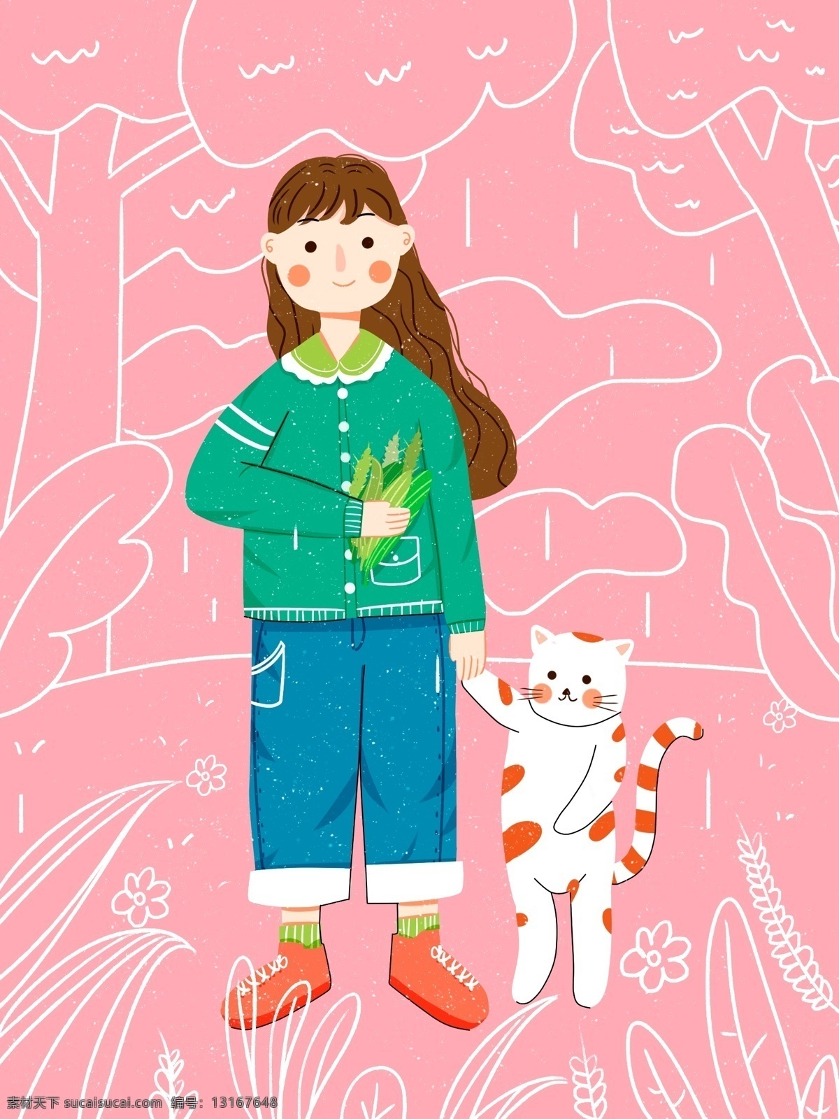 春天 春分 谷雨 女孩 牵 猫咪 可爱 小清新 唯美 扁平风 虚实象生 插画 文章配图 节日节气 五月你好