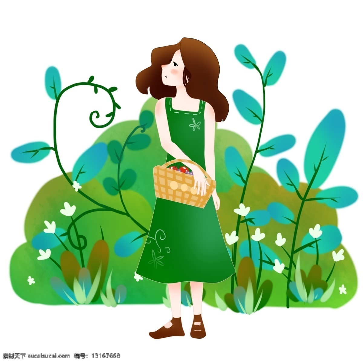 踏青 采花 小女孩 春游踏青插画 采花的小女孩 蓝色的叶子 黄色的篮子 漂亮的小女孩 卡通人物